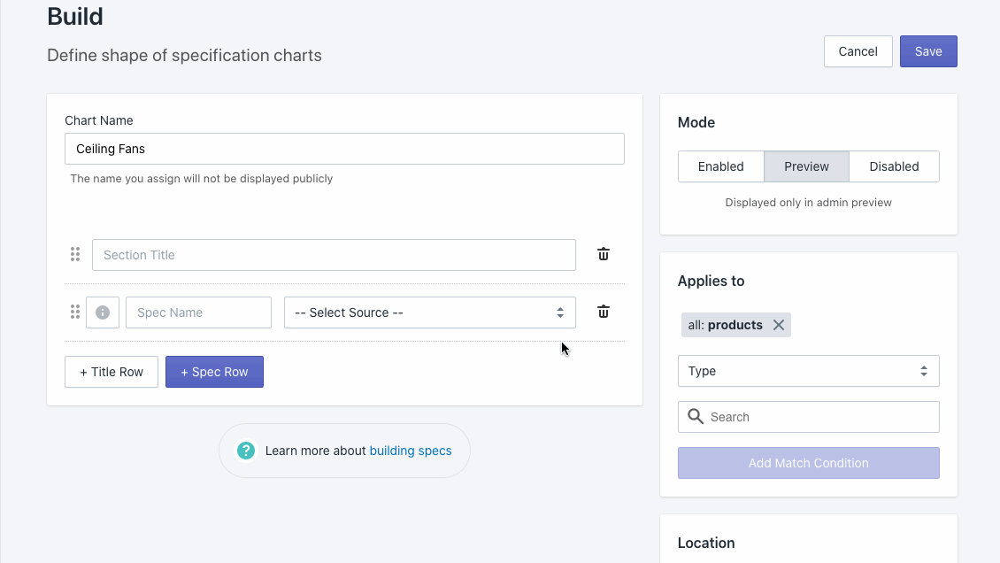 Easy Specs chart row builder in the Shopify admin