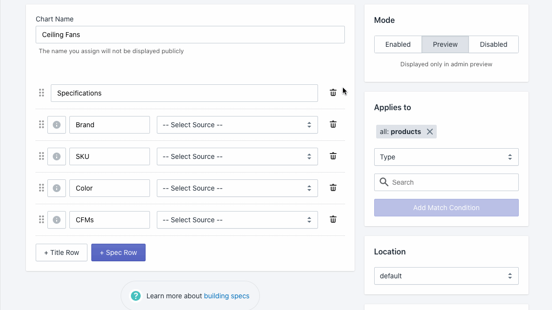Easy Specs chart source selector in the Shopify admin