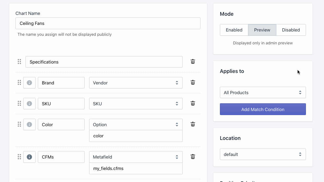 Easy Specs product mapping controls in the Shopify admin